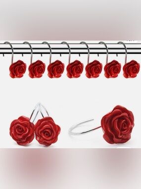 Set of 12 Red Rose Shower Curtain Hooks - Elegant Floral Accent